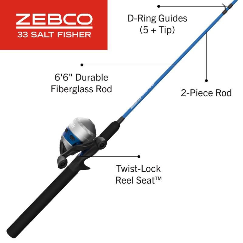 Combo Vara de Pesca Zebco Salt Fisher 33 Spincast - 6,6 Pés - Kit